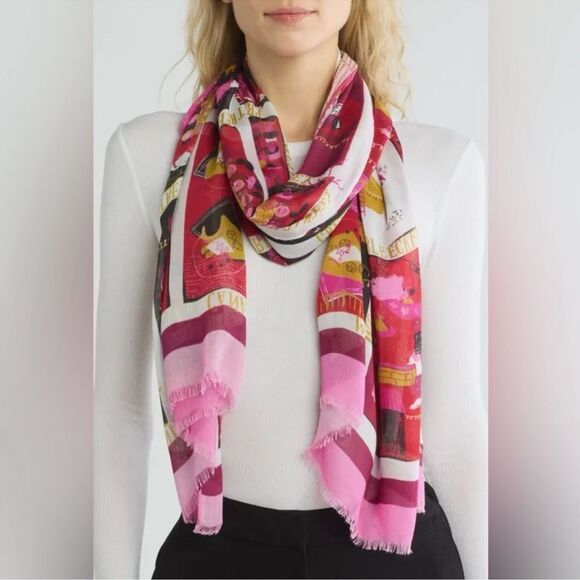 kate spade Pink Multi Holiday Rooftops Oblong Fringe Hem Scarf - Picture 1 of 13